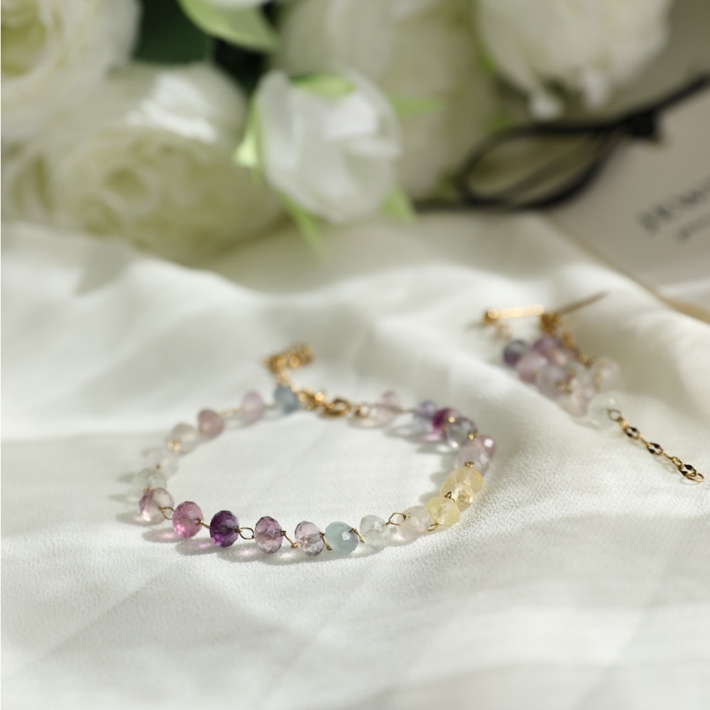 18K Gold Plated Minimalist Rainbow Fluorite Bracelet - Picture 1 of 11